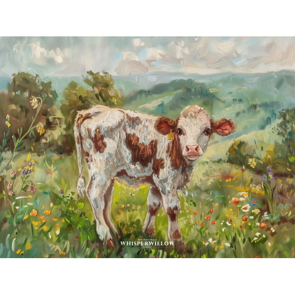 Velto Brown And White Spotted Guernsey Calf, Adorable Farm Animal Print, Colorful Cow Wall Art Decor, Canvas, 12x16 0.75-Inch Pine Wood Frame
