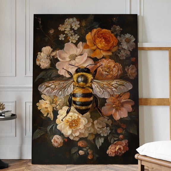 Velto Bumblebee And Floral Canvas Wall Art - Nature-Inspired Botanical Artwork For Vibrant Home Decor Canvas, 8x10 0.75-Inch Pine Wood Frame