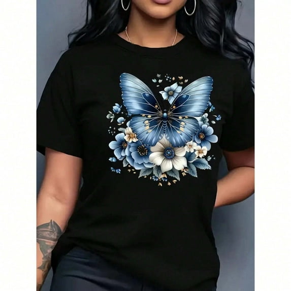 Velto Butterfly Letter T-shirt Short Sleeved Round Neck Top Full Size All Size S-5XL