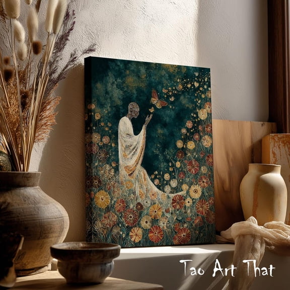 Velto Butterfly Transformation Canvas Wall Art Spiritual Nature Inspired Artwork with Flowers and Awakening Symbolism, SIZE 8x10 INCLUDE Pine Wood Frame 1.25-Inch