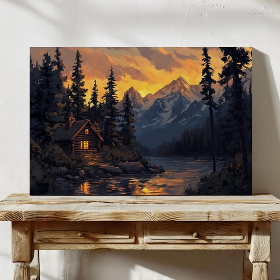 Velto Cabin Sunset Canvas Wall Art Cozy Mountain Lake Lodge Tranquil Wilderness Nature Landscape, SIZE 8x10 INCLUDE Pine Wood Frame 0.75-Inch