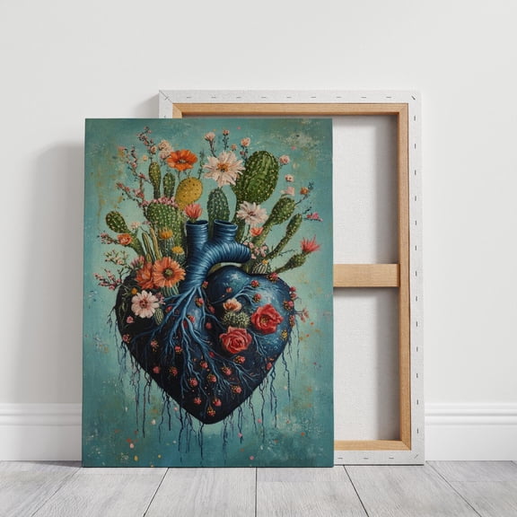 Velto Cactus Heart Canvas Art with Blooming Flowers - Unique Botanical, Colorful Desert-Inspired Heart Illustration for Nature Lovers, SIZE 8x10 INCLUDE Pine Wood Frame 1.25-Inch