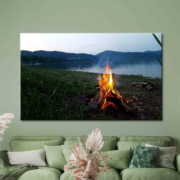 Velto Campfire Artwork, Camp Fire Art, Bonfire Art, Nature Landscape, Landscape Canvas Art, Lake Landscape, Serenity Canvas, 16x24 UNFRAMED