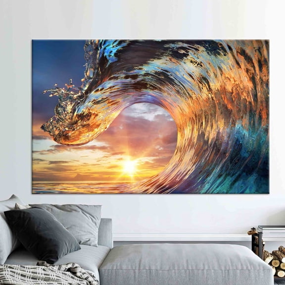 Velto Canvas Decor, Sunset Light In Wave Art Crest Shape, Crest Landscape Artwork, Crest Canvas, 12x16 0.75-Inch Pine Wood Frame