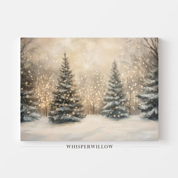 Velto Canvas Wall Art - Enchanting Forest Holiday Tree Lights, Winter Snowy Print, Cozy Holiday Glowing Pines, Twinkle Woodland Landscape Decor Canvas, 8x12 UNFRAMED