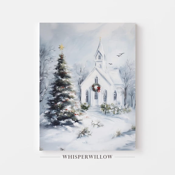 Velto Canvas Wall Art - Snowy Holiday Church And Tree, Winter Holiday Decor, White Chapel, Decorated Pine, Peaceful Landscape, Magical Season Canvas, 8x10 UNFRAMED