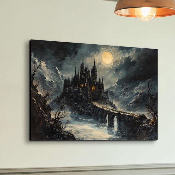 Velto Castle Canvas Art Gothic Seasonal Illustration Haunted Landscape Horror Inspired Rustic Spooky Wall Decor, SIZE 8x10 INCLUDE Pine Wood Frame 1.25-Inch