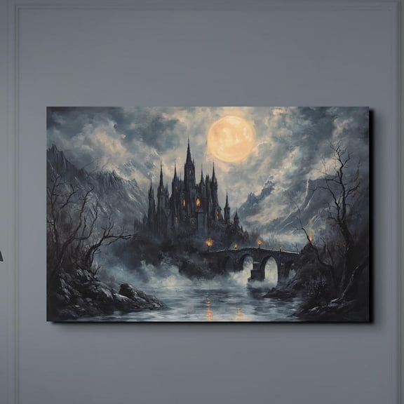 Velto Castle Canvas Art Gothic Seasonal Illustration Haunted Landscape Horror Inspired Rustic Spooky Wall Decor, SIZE 8x10 INCLUDE Pine Wood Frame 1.25-Inch