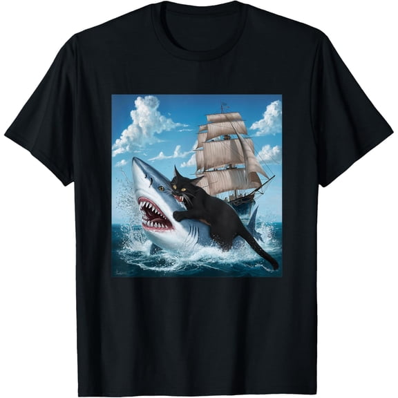 Velto Cat Biting Shark Playful Black Cat Bit Shark T-Shirt All Size S-5XL