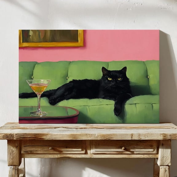 Velto Cat Martini Canvas, Elegant Cocktail Inspired Wall Art, Stylish Bar Cart Home Decor, SIZE 12x18 INCLUDE Pine Wood Frame 1.25-Inch