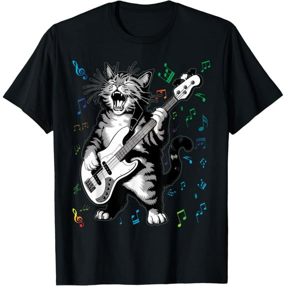 Velto Cat Playing Bass Guitar for Men Animal Playing Guitar T-Shirt All Size S-5XL