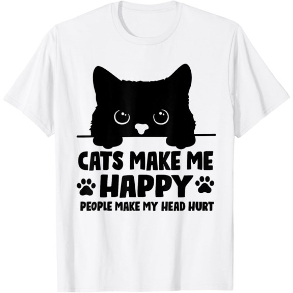 Velto Cats Make Me Happy Humans Make My Head Hurt Black Cat Lover T-Shirt All Size S-5XL