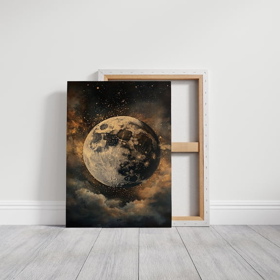 Velto Celestial Moon Canvas Wall Art Cosmic Lunar Glow with Golden Stars Mystical Space Decoration, SIZE 12x18 INCLUDE Pine Wood Frame 0.75-Inch