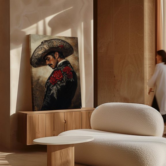 Velto Charro Vintage Heritage Inspired Illustration Traditional Mariachi With Red Rose Rustic Wall Art, Floral Home And Gallery Wall Decor