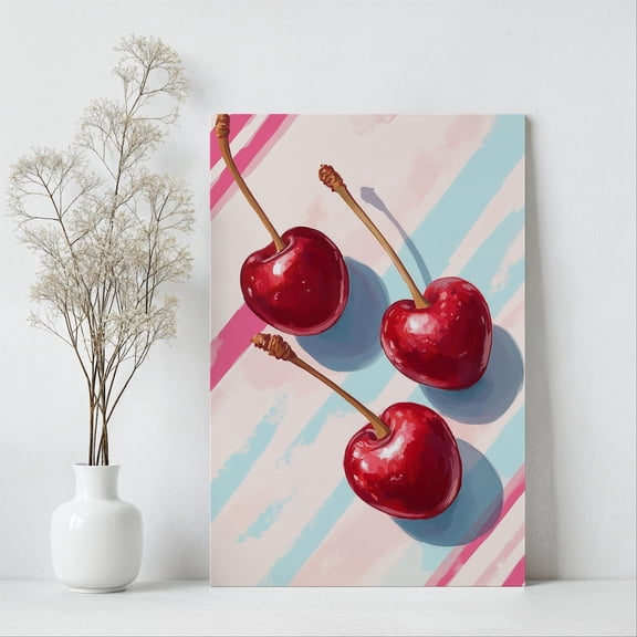 Velto Cherry Canvas Art Botanical Fruit Illustration Whimsical Pop Inspired Red Heart Fruit Rustic Kitchen Wall Decor, SIZE 16x24 INCLUDE Pine Wood Frame 1.25-Inch