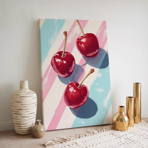 Velto Cherry Canvas Art Botanical Fruit Illustration Whimsical Pop Inspired Red Heart Fruit Rustic Kitchen Wall Decor, SIZE 8x12 INCLUDE Pine Wood Frame 1.25-Inch