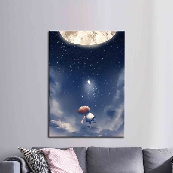 Velto Childhood Dreams, Kids Space Wall Decor, Starry Skye Wall Decor, Kids Sky View Canvas, Cute Boy Canvas, Children Wall Decor, Moon Wall Decor Canvas, 12x18 UNFRAMED
