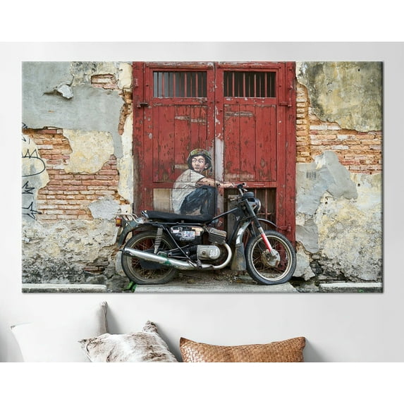 Velto Children On Bicycle Art Canvas, George Town Art, Modern Canvas Art Graffiti Children On Bike Canvas Art, 16x24 UNFRAMED