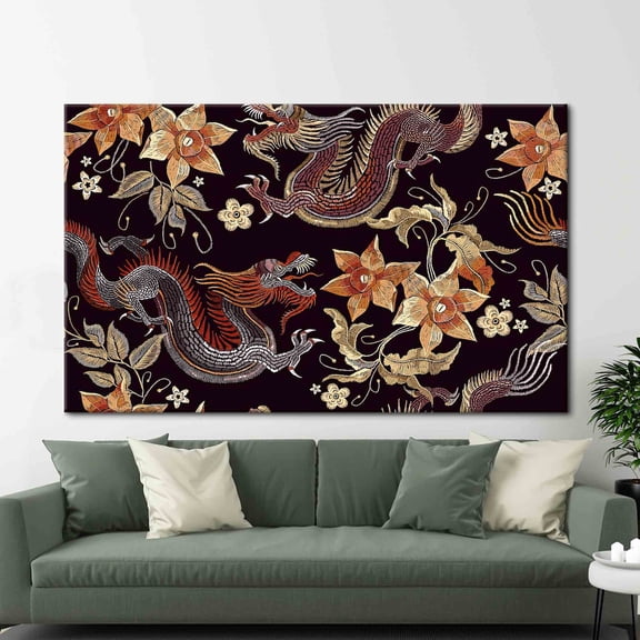 Velto Chinese Dragon Printed, Flowers Dragons Art, Japanese Pattern Artwork, Abstract Art, Modern Wall Decor, Myth Dragon Wall Art, Canvas, 8x10 UNFRAMED