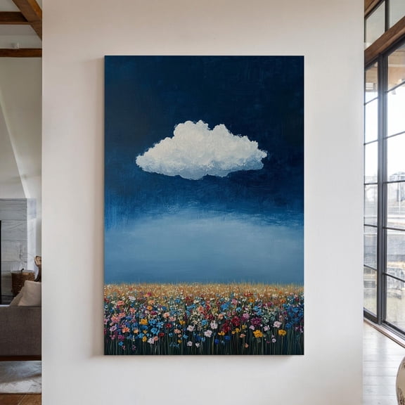 Velto Cloud Over Wildflower Field, Serene Sky Landscape Canvas Art, Vibrant Floral Decor, SIZE 8x12 INCLUDE Pine Wood Frame 1.25-Inch