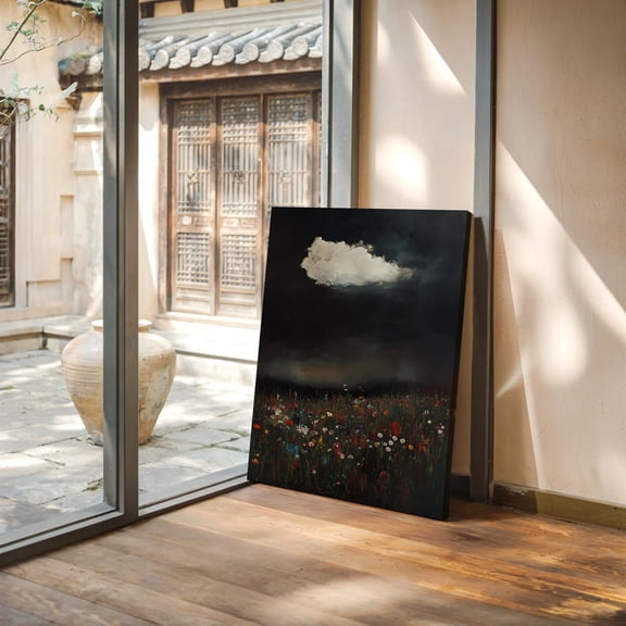 Velto Cloudscape Canvas Wall Art Moody Floral Field Landscape Illustration Dark Sky Nature Inspired Home Artwork, SIZE 8x10 INCLUDE Pine Wood Frame 1.25-Inch