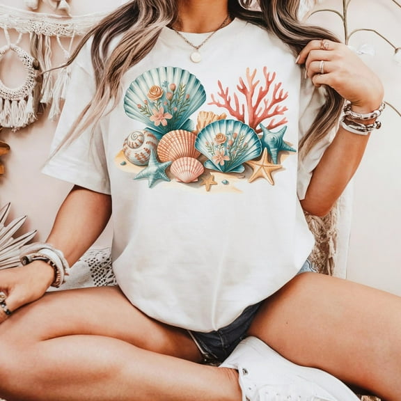 Velto Coastal Seashell Floral T-Shirt | Vintage Beach Shells Graphic Tee | Summer Ocean Coral Aesthetic Shirt | Summer Vibes Shirt All Size S-5XL