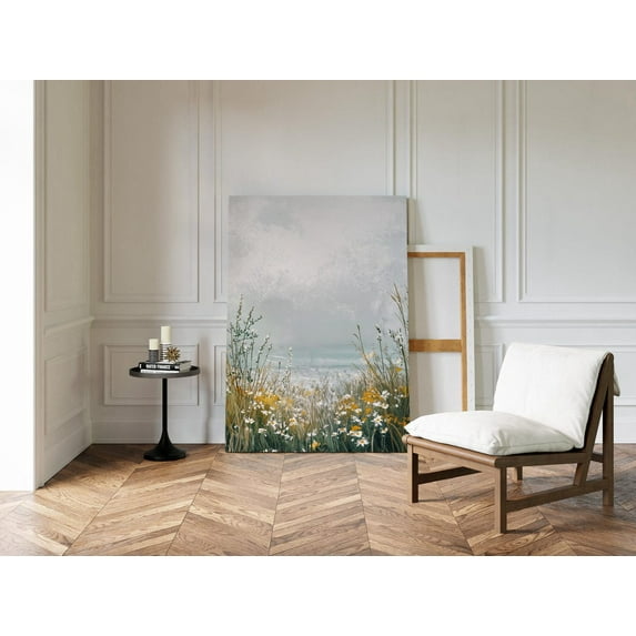 Velto Coastal Wildflower Canvas Art – Serene Ocean Meadow with Daisies and Yellow Florals for Relaxing Nature Wall Decor, SIZE 8x12 INCLUDE Pine Wood Frame 1.25-Inch
