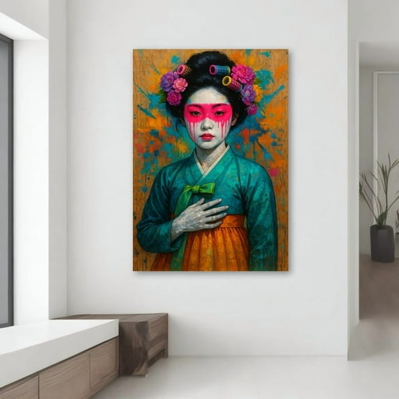 Velto Colorful Asian Girl Canvas, Modern Wall Art, Vibrant Hanbok Portrait, Bold Gift For Eclectic And Boho Decor Canvas, 12x18 UNFRAMED