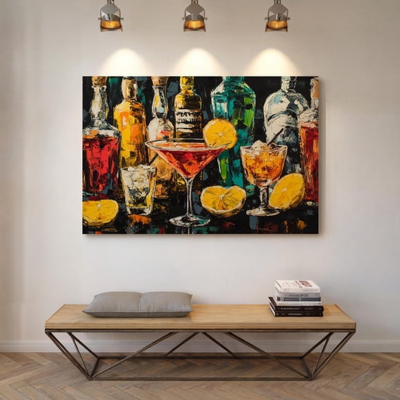 Velto Colorful Cocktail Canvas Wall Art Vibrant Bottles and Drinks Modern Bar Style Home Decoration, SIZE 16x24 INCLUDE Pine Wood Frame 0.75-Inch