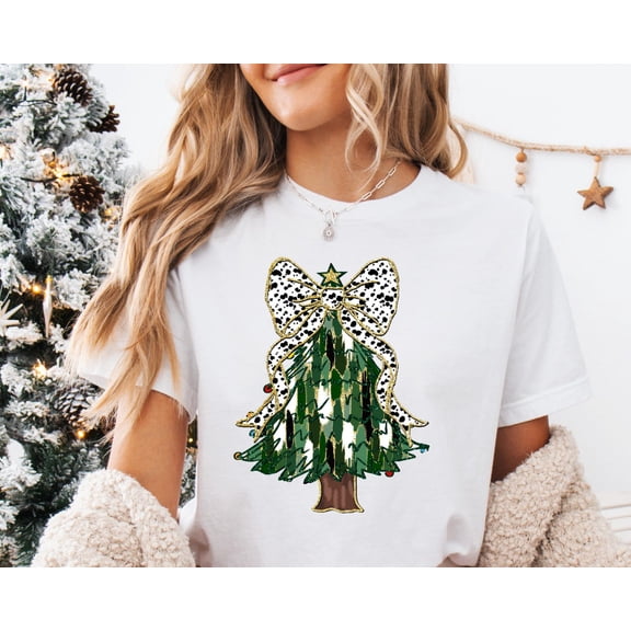Velto Colorful Coquette Happy Holiday Tree Shirt, Faux Glitter, Girls Happy Holiday Tree Shirt, Happy Holiday Coquette Bow, Trendy Happy Holiday Tree T-Shirt All Size S-5XL
