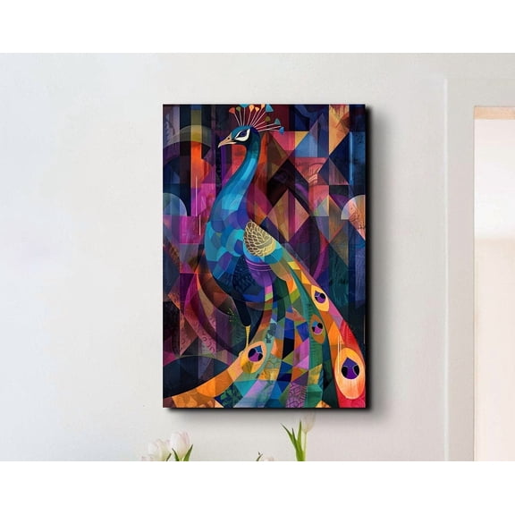 Velto Colorful Geometric Shapes Peacock Canvas Art Nature Wall Decor Colorful Animal Portrait, SIZE 8x10 INCLUDE Pine Wood Frame 1.25-Inch