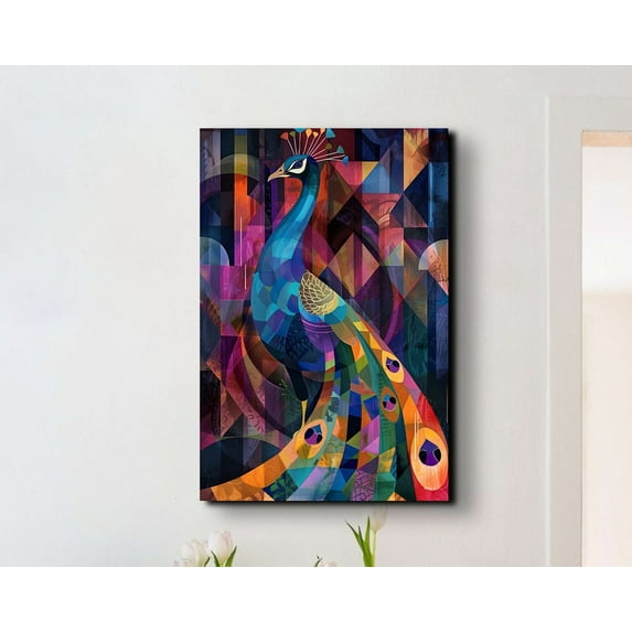 Velto Colorful Geometric Shapes Peacock Canvas Nature Wall Decor, Portrait Canvas, Colorful Decor, Animal Decor, SIZE 8x12 INCLUDE Pine Wood Frame 1.25-Inch
