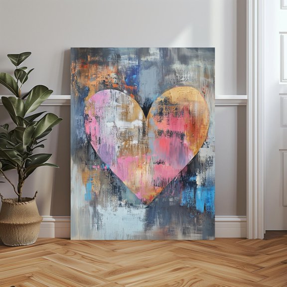 Velto Colorful Modern Abstract Heart Wall Art, Vibrant Gold Pink Blue Orange, Bold Valentines Day, Modern Living Room And Office Decor