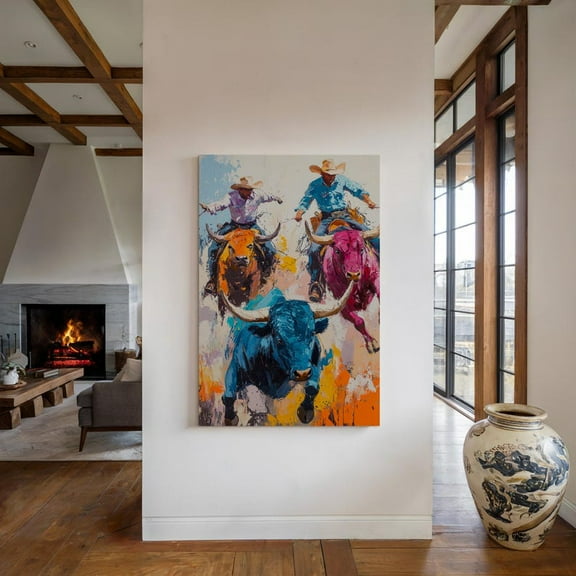 Velto Colorful Rodeo Bull Riding Canvas – Bold Expressionist Western Cowboy Art for Rustic Ranch Style, SIZE 12x18 INCLUDE Pine Wood Frame 1.25-Inch