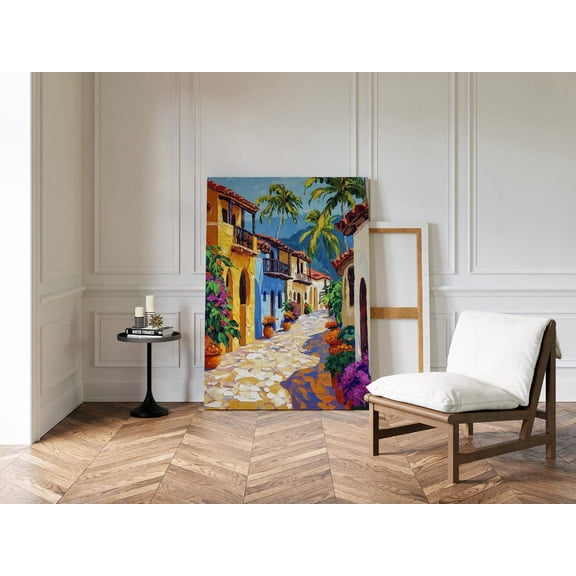 Velto Colorful Spanish Village Street Canvas Wall Art – Tropical Flower Pots, Cobblestone Walkway, Palm Trees & Mediterranean Style Homes Canvas, 8x10 0.75-Inch Pine Wood Frame