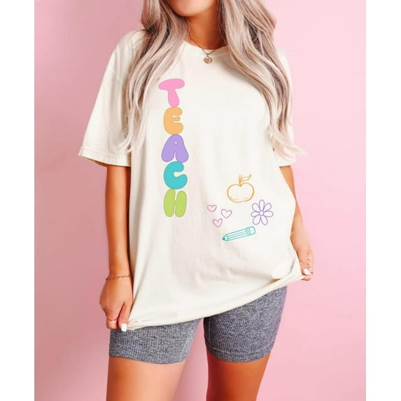 Velto Colorful Teacher Shirt for Women Oversized Teach Tee Back to School Teacher Gift Cute Elementary School Teacher Outfit All Size S-5XL