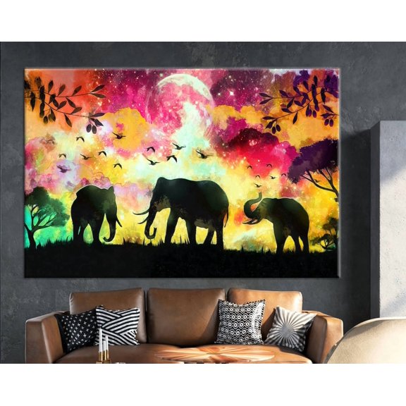 Velto Colorful Wall Art, Full Moon, Three Elephant, Abstract Animal, African, Nature Inspired Living Room Decor