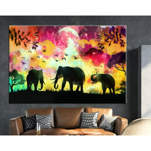Velto Colorful Wall Art, Full Moon Wall Decor, Three Elephant Art Canvas, Abstract Art, Animal Printed, Moon Wall Decor, African Wall Art Canvas, 16x24 UNFRAMED