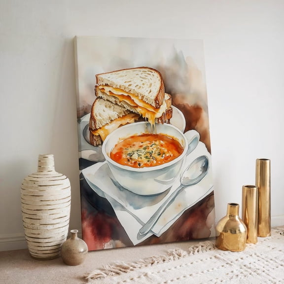 Velto Comfort Food Canvas Wall Art Cozy Kitchen Illustration Soup and Sandwich Cafe Style Decorative Artwork, SIZE 8x10 INCLUDE Pine Wood Frame 1.25-Inch