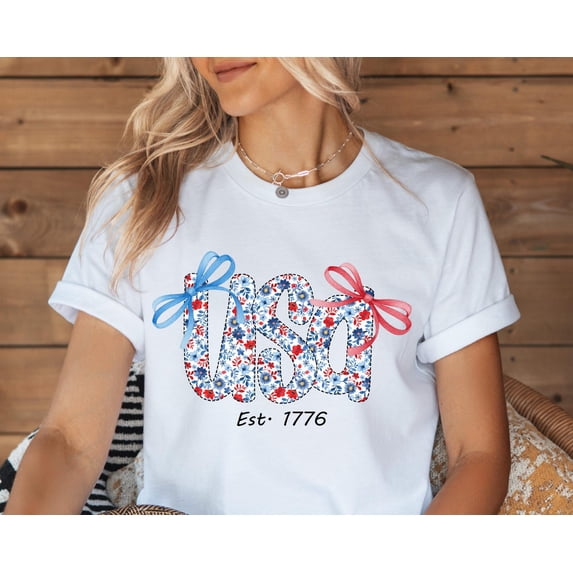Velto Coquette USA T-Shirt, Est 1776 Shirt , 4th of July Shirt, Stars Stripes USA Tee ,4th of July Shirt Women, American T-Shirt,USA Bow Shirt All Size S-5XL