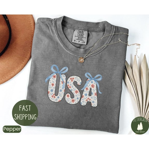 Velto Coquette USA T-shirt, Patriotic Floral Graphic Apparel, Stars and Stripes Independence Day Outfit, Red White and Blue Clothing, Full Size S-5XL