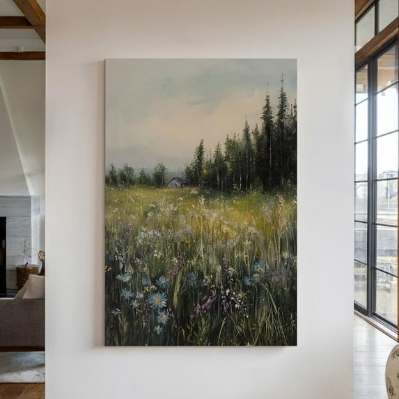 Velto Cottage Meadow Canvas Wall Art Rustic Wildflower Field Vintage Landscape Cozy Farmhouse Room Decor, SIZE 8x10 INCLUDE Pine Wood Frame 0.75-Inch