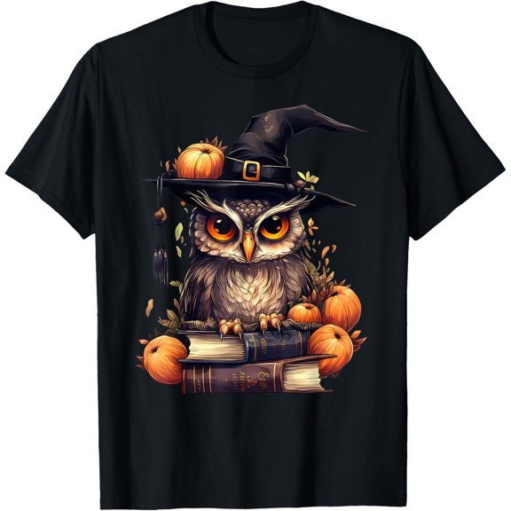 Velto Cottagecore Owl Witch Hat On Book Pumpkin Costume T-Shirt All Size S-5XL