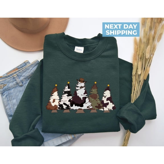 Velto Country Happy Holiday Sweatshirt| Cute Cowhide Sweatshirt| Holiday Sweater| Happy Holiday Cow Shirt| Xmas Tree Shirt| Western Happy Holiday| Cow Lover All Size S-5XL