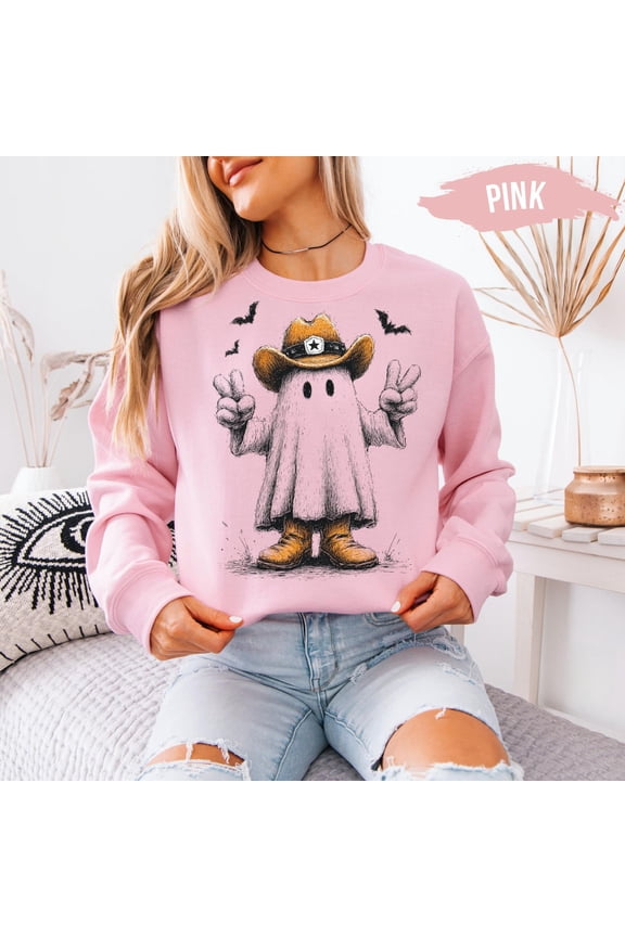 Cowboy Ghost Happy Holiday Sweatshirt: Western Spooky Crewneck All Size S-3XL