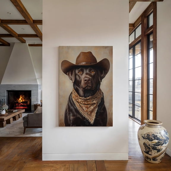 Velto Cowboy Labrador Canvas, Western Dog Black Lab Portrait, Country Ranch Pet, Cowboy Dog, SIZE 12x16 INCLUDE Pine Wood Frame 1.25-Inch