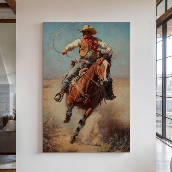 Velto Cowboy Lassoing Horse Canvas, Western Rodeo Ranch Decor, Vintage Cowboy, SIZE 16x24 INCLUDE Pine Wood Frame 1.25-Inch