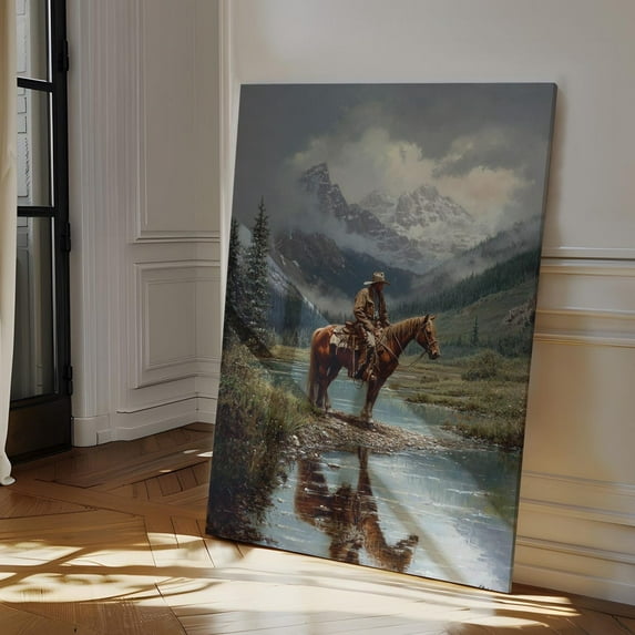 Velto Cowboy Mountain Canvas Art Western Horseback Rider Rustic Country Landscape Ranch Decor, SIZE 8x12 INCLUDE Pine Wood Frame 1.25-Inch