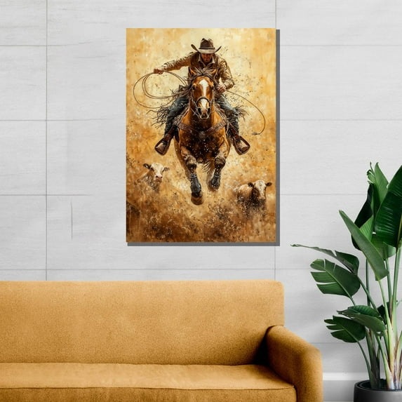 Velto Cowboy Roping Cattle Canvas, Western Wall Art, Rustic Home Decor, Rodeo Cowboy Gift, Wild West Horse Art, Modern Wall Decor Canvas, 8x10 UNFRAMED