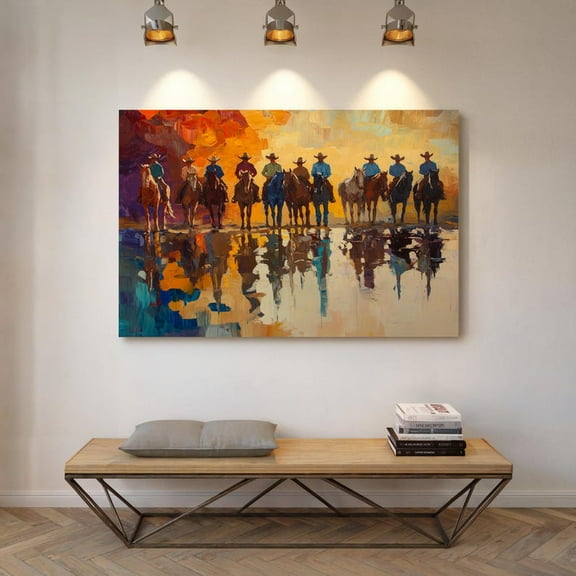 Velto Cowboy Sunset Canvas Art - Western Riders Reflection, Colorful Rustic Wall Decor for Farmhouse or Ranch, SIZE 8x10 INCLUDE Pine Wood Frame 1.25-Inch